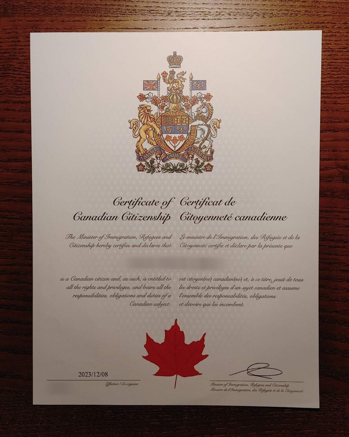 Certificate Of Canadian Citizenship